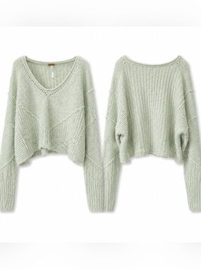Free People Mint Green Seashell Crop, V-Neck Sweater, L, Excellent Condition
